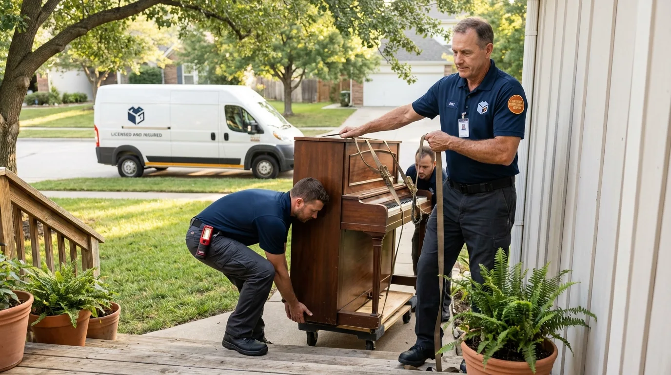 Licensed piano movers securing grand piano in Pleasant Garden, NC