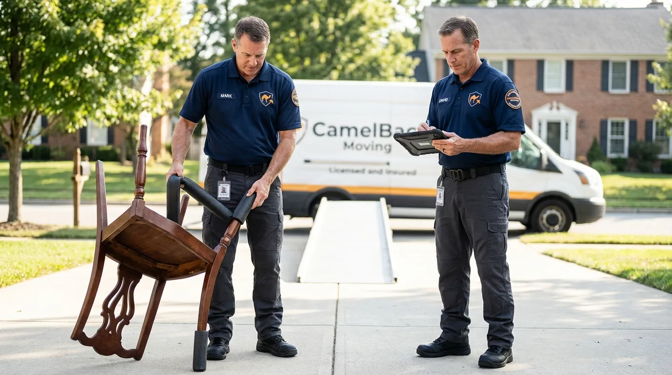 Movers inspecting furniture for damage prevention before loading in Pleasant Garden, NC