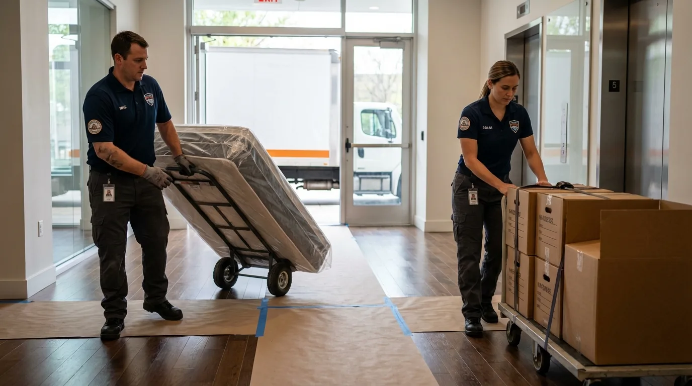 Professional apartment movers loading elevator in Pleasant Garden, NC