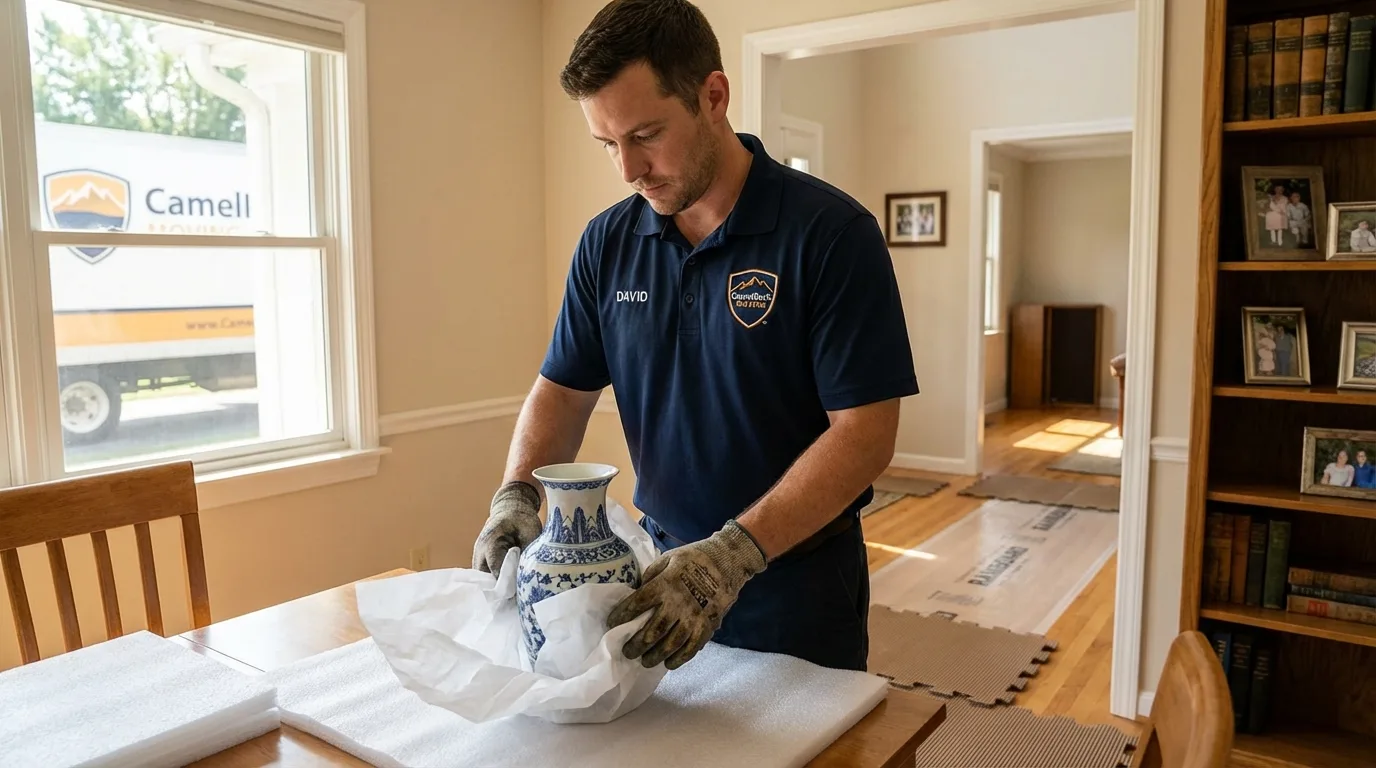 Professional crew carefully wrapping antique vase for senior downsizing move in Pleasant Garden, NC